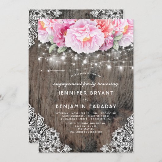 Roze Bloemen Rustiek Hout Kant Engagement Party Kaart (Voorkant / Achterkant)