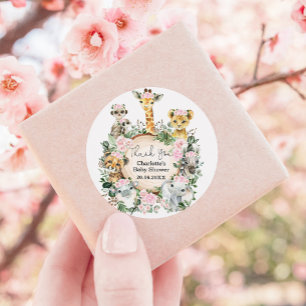 Roze Bloemen Safari Oerwoud Wilde Dieren Baby show Ronde Sticker