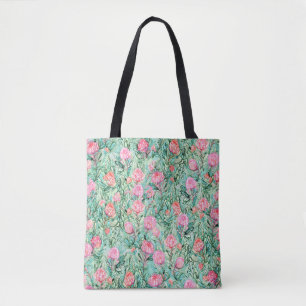 Roze bloemen, salie groen, naadloos. draagtas