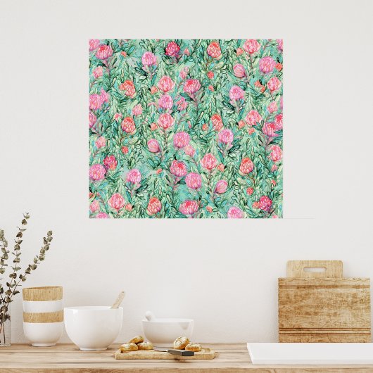 Roze bloemen, salie groen, naadloos. poster (Keuken)