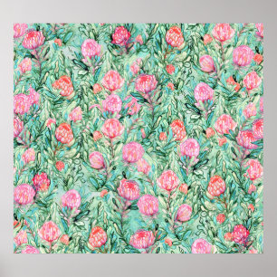 Roze bloemen, salie groen, naadloos. poster