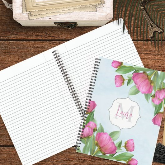 Roze Bloemen Schattige Monogrammed Custom Notitieboek