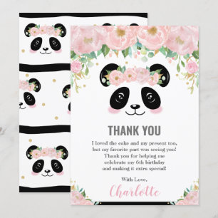 Roze Bloemen Schattigee Panda Verjaardag Dank u ka Kaart