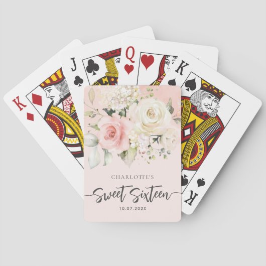 Roze Bloemen Script Sweet 16 Verjaardag Keepsake Pokerkaarten (Achterkant)