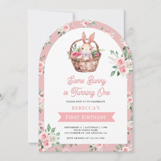Roze Bloemen Sommige Bunny Wordt Een 1E Verjaardag Kaart (Voorkant)