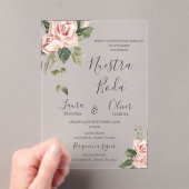 Roze Bloemen Spaans Bruiloft Acryl Uitnodigingen (Insitu (Draagbaar))