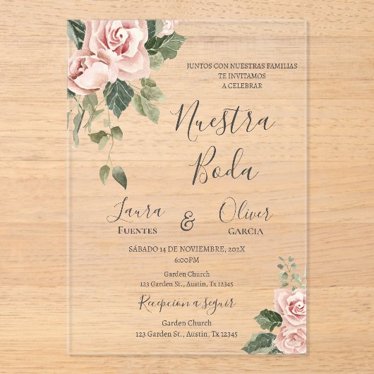 Roze Bloemen Spaans Bruiloft Acryl Uitnodigingen (Voorkant)