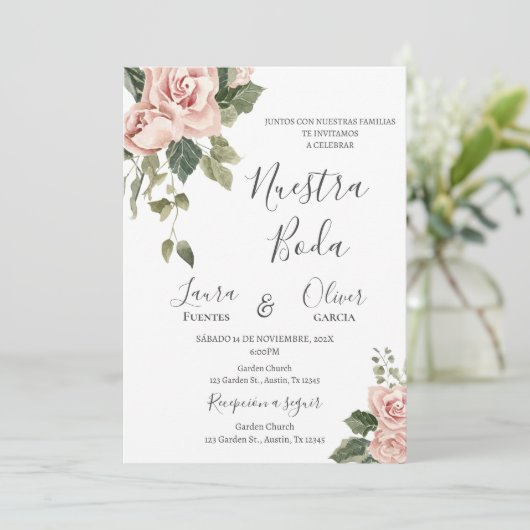 Roze Bloemen Spaans Bruiloft Kaart (Staand voorkant)