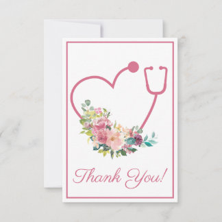 Roze Bloemen Stethoscoop Hart Verpleegster Dank u Bedankkaart
