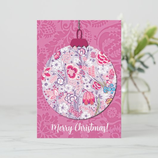 Roze Bloemen Stijl Kerst Ornament Flat Feestdagenkaart (Staand voorkant)