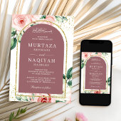 Roze Bloemen Stoffig Roos Arch QR Code Moslim Brui Kaart