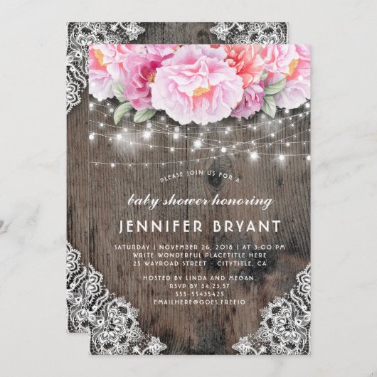 Roze Bloemen String Lichten Rustiek Baby shower Kaart (Voorkant / Achterkant)