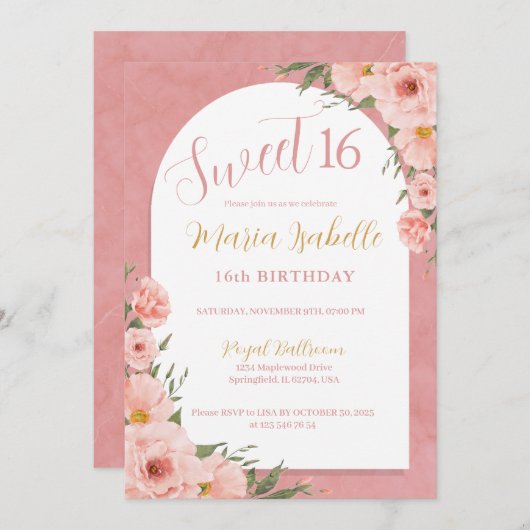 Roze Bloemen Sweet 16 Verjaardag Uitnodiging (Voorkant / Achterkant)