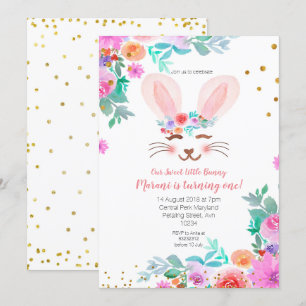 Roze Bloemen Sweet Bunny 1e Verjaardag Kaart