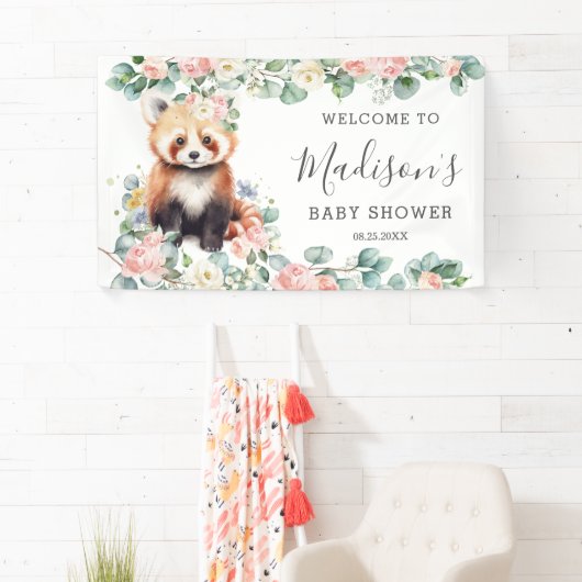 Roze Bloemen Sweet Red Panda Baby shower Welkom Spandoek (Insitu)