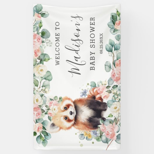 Roze Bloemen Sweet Red Panda Baby shower Welkom Spandoek (Verticaal)