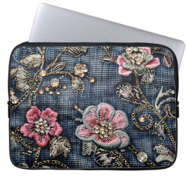Roze Bloemen Tapestry op Donkerblauw Denim Laptop Sleeve