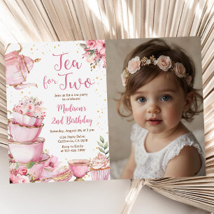 Roze Bloemen Tea Party 2e Verjaardag Foto Kaart