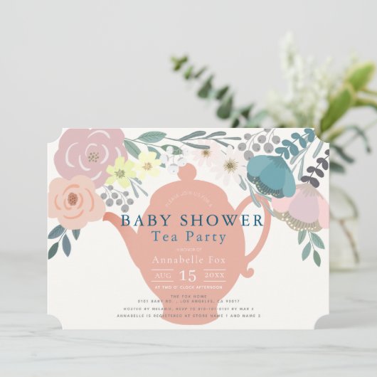 Roze Bloemen Tea Party Baby shower Kaart (Staand voorkant)
