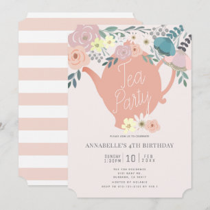 Roze Bloemen Tea Party Meisje Verjaardag Kaart