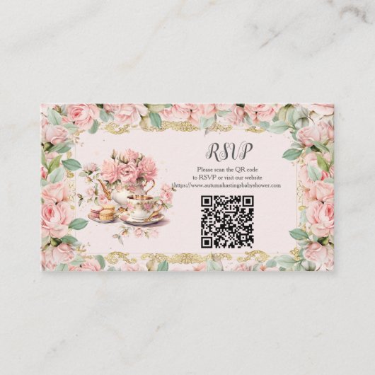  Roze Bloemen Tea Party RSVP Reactie QR Informatiekaartje (Voorkant)