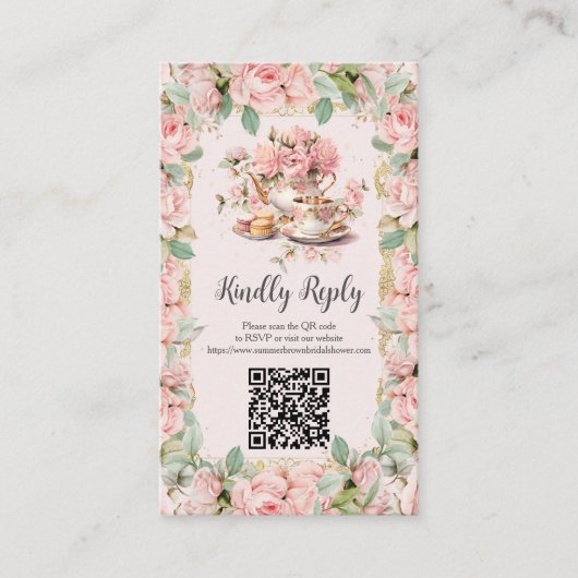  Roze Bloemen Tea Party RSVP Reactie QR Informatiekaartje (Voorkant)