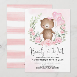 Roze Bloemen Teddybeer Ballonnen Meisje Baby showe Kaart