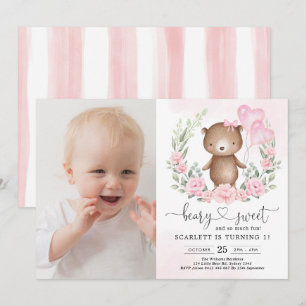 Roze Bloemen Teddybeer Meisje 1e Verjaardagsfeest Kaart