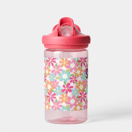 Roze bloemen Toddler personaliseer duurzame naam Waterfles (Voorkant)