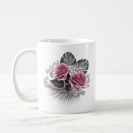 Roze bloemen Tropische bladeren Koffiemok (Links)