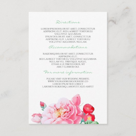 Roze Bloemen Trouwdetails - Informatie Informatiekaartje (Voorkant)