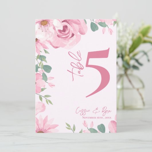 Roze Bloemen Trouwfeest Tafelnummer (Staand voorkant)