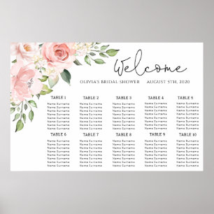 Roze bloemen trouwstoelindeling poster