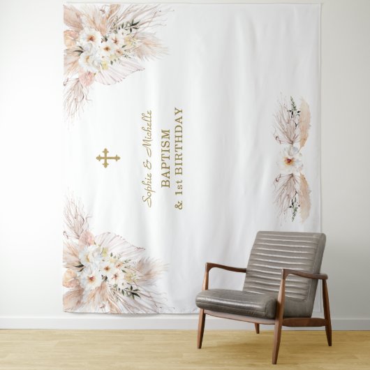 Roze bloemen tweeling meisjes 1e verjaardag doop wandkleed (In situ)