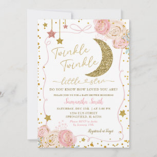 Roze Bloemen Twinkle Twinkle Handgetrokken Baby sh Kaart