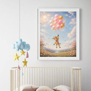 Roze bloemen van giraffe drijvende ballonnen perfect poster
