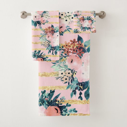 Roze bloemen Verf Gold Stripes Girly Design Bad Handdoek (Insitu)