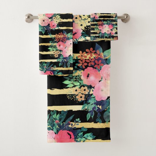 roze bloemen Verf het patroon van de gouden Strip Bad Handdoek (Insitu)