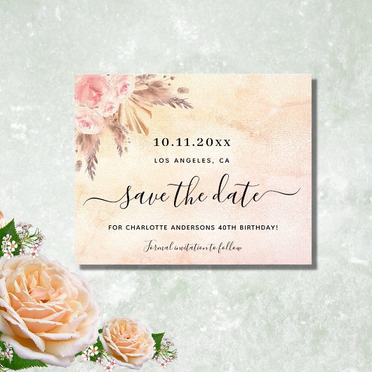 Roze bloemen verjaardag budget save the date flyer
