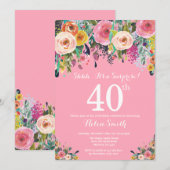 Roze Bloemen Verrassing 40e verjaardag Uitnodiging (Voorkant / Achterkant)