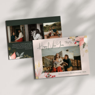 Roze Bloemen Vier Foto Gelukkig Nieuwjaar Vakantie Feestdagenkaart