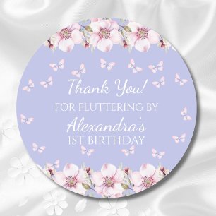 Roze Bloemen Vlinder 1e Verjaardag Bedankt Ronde Sticker