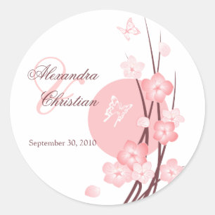 Roze Bloemen Vlinder Bruiloft Aankondiging Ronde Sticker
