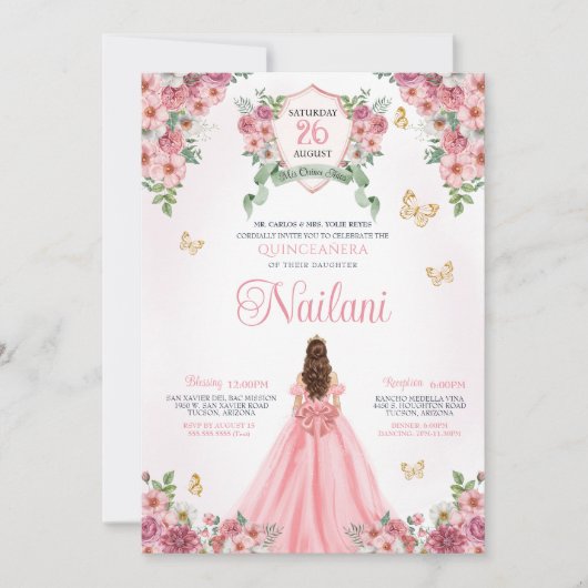 Roze Bloemen Vlinder Goud Roze Bloem Quinceanera Kaart (Voorkant)