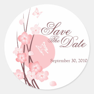 Roze Bloemen vlinder Save The Date Aankondiging Ronde Sticker