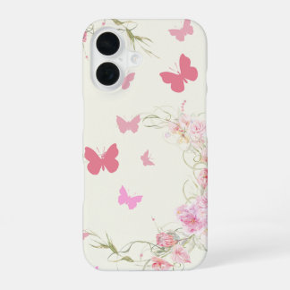Roze Bloemen, Vlinders, Bleekroze Achtergrond iPhone 16 Hoesje