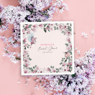 Roze bloemen & vogels Elegante Bruidsbruiloft Servet