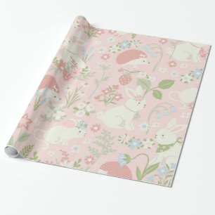 Roze Bloemen Voorjaar Bunnies Cadeaupapier