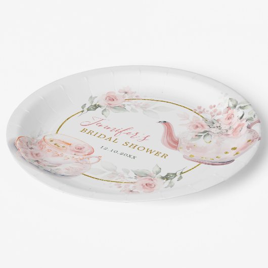 Roze Bloemen Vrijgezellenfeest Tea Party Papieren Bordje (Gekanteld)