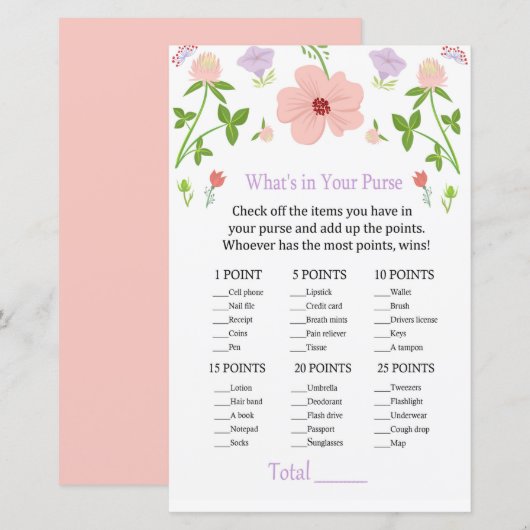 Roze Bloemen Wat zit er in je tas spel (Voorkant / Achterkant)